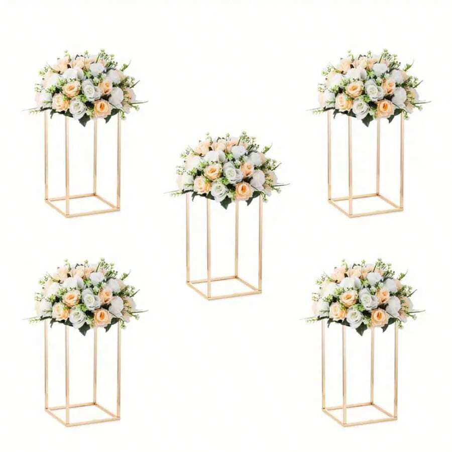 5PCS Metal Rectangular Flower Stands, Golden Wedding Flower Vase, Metal Column Flower Stand, Geometric Centerpieces Vase For Table, Home Party Wedding Decoration,Halloween Christmas Decor