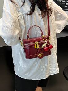 优雅时尚纯色PU皮革便携方包，迷你PU包，防水酒红色布袋，字母图案装饰设计盒包，适合旅行、购物、聚会、通勤，时尚酒红色包包，新年必备 - 酒紅色 - 查看 7