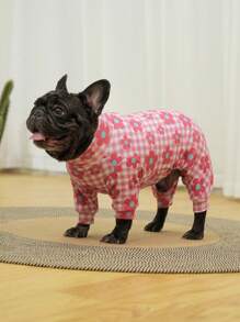 狗狗睡衣、狗狗康复服、狗狗服装、狗狗套头衫 Dog StuffUltra、狗狗服装、狗狗衣服、狗狗配饰、小狗睡衣、小狗衣服、小狗配饰、小狗服装、适合中小型和大型犬种的睡衣，柔软且有弹性，全身印花 - 红白格子和花朵印花，S-6XL