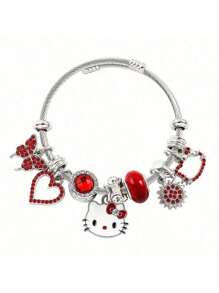 Sanrio Juego de 1 pieza, un lindo brazalete con colgante de estilo Hello Kitty con colgante de aleación y decoración roja, adecuado para uso diario y regalo - accesorios de joyería con temática de anime de moda sin chapado, adecuado para todas las estaciones.