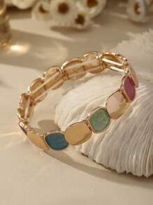 Elegant Vintage Minimalist Style Elastic Zinc Alloy Bracelet For Women - KC Gold Plated Oval Glossy & Matte Design, Versatile For Daily Wear, Formal Events, Sophisticated Gift