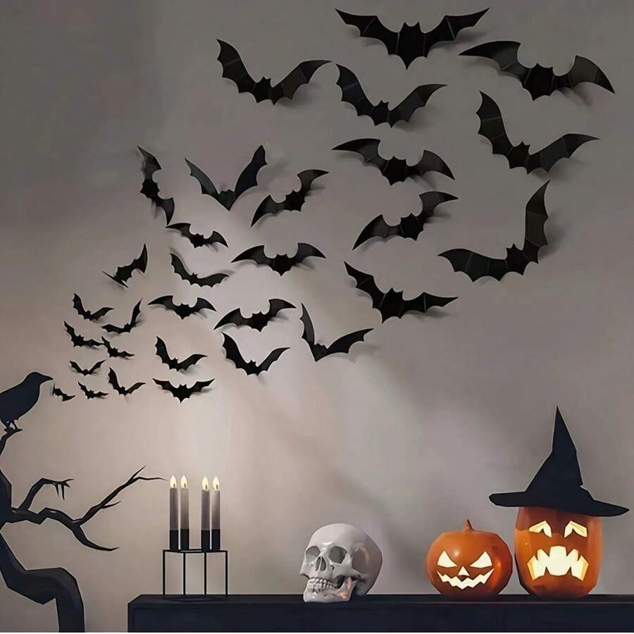 12pcs Halloween Black Bat 3D Halloween 12 Bats Stickers Wall Decoration Party Decoration
