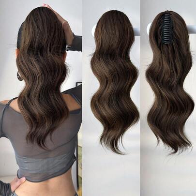 16 Inch Short Natural Wave Curly Synthetic Ponytail Hair Extension, Brown Color, Claw Clip Design, Suitable For Girls, Women, Party And Daily Use