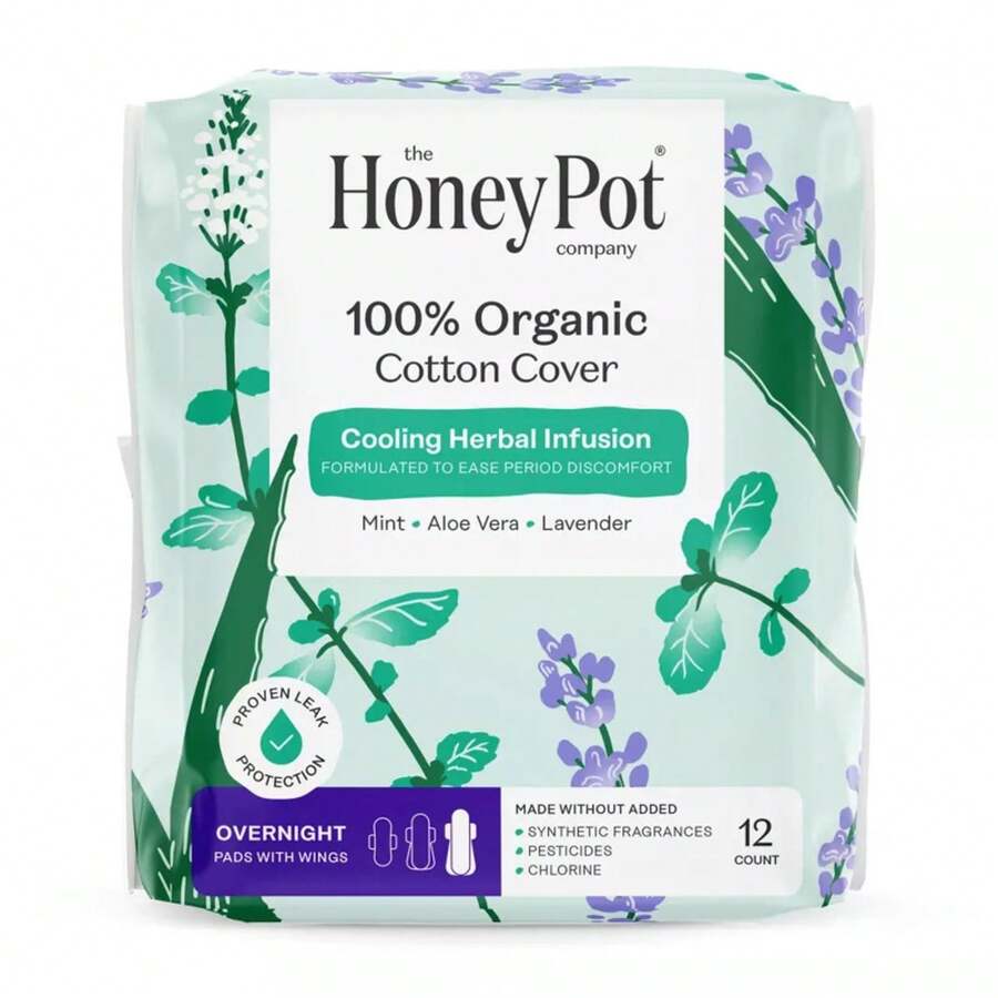 The Honey Pot Company 100% Organic Cotton Cover Cooling Herbal Infusion Overnight Pads - 12ct - 1 - 查看 1