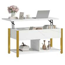 BALCONERA Rustic Brown Lift-Top Coffee Table – Easy-Lift, Adjustable Height With 2-Tier Storage (Hidden Compartment & Shelf) For Living Room/Office - White - View 3