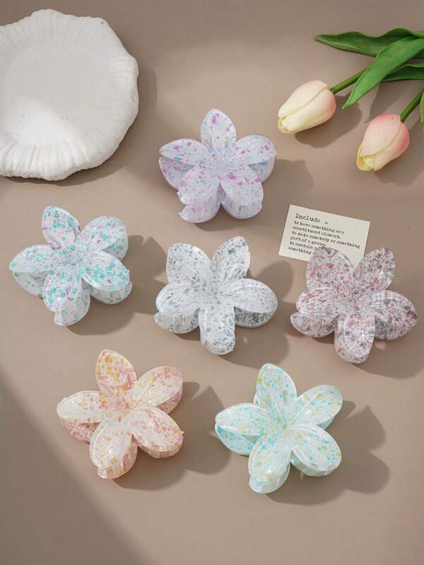 6pcs Floral Print Egg-Shaped Hair Clips - Elegant Bohemian Style Soft Color Hair Accessories, Non-Slip Half-Up Clips, Suitable For Valentine's Day And Daily Use, Interesting Design, Textured, Must-Have For Fashion Lovers Flower Claw Clips