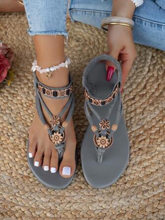 Women's Fashion Bohemian Style Flat Sandals, Casual Versatile, Suitable For Wedding, Party, Outdoor, Beach