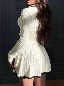 Bộ đồ dệt kim 2 món: Áo polo tay dài cổ tròn màu trơn cổ điển + Chân váy ngắn bo gân phối màu tương phản, thời trang và thanh lịch, phù hợp cho mùa thu/đông, phong cách đường phố, trang phục giáo viên, cũng thích hợp cho mùa đông, Lễ Tạ ơn, mùa thu, tựu trường, tiệc tùng, Giáng sinh và Năm mới. - trắng - Xem 6