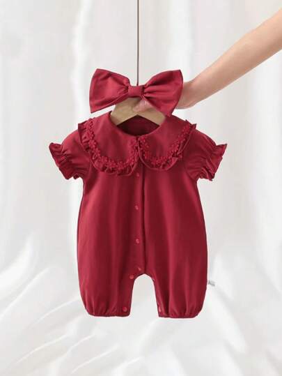 رومبير رضيع من الدانتيل بلون أحمر بطراز عتيق وأنيق