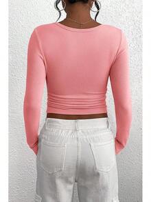 Women's 2025 Fall Long Sleeve Henley Shirts Button Ribbed Knit Casual Basic Tops Blouse - Pink - View 2