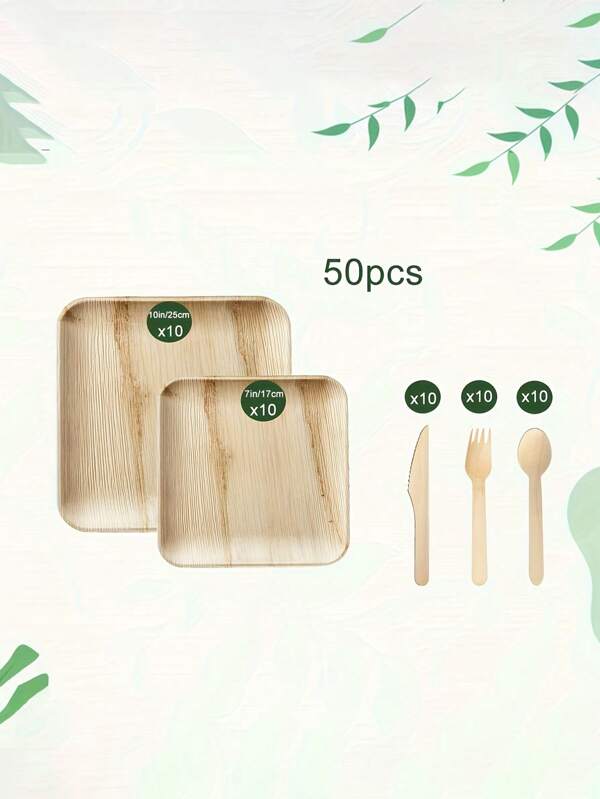 50 pièces, 10 pouces et 7 pouces Assiettes en feuilles de palmier et set de couverts jetables de 6 pouces, convient pour les mariages et les fêtes