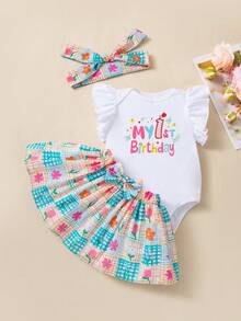 Bộ 3 món trang phục sinh nhật cho bé gái, quần áo trẻ sơ sinh, áo liền quần in chữ, váy không tay, phụ kiện tóc, lễ kỷ niệm, chụp ảnh, váy dự tiệc - Nhiều màu - Xem 2
