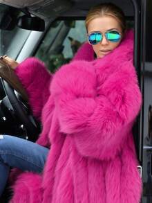 FHILLINUO 女士长款玫瑰红仿皮草外套，宽松版型，瀑布领，常规袖长，蓬松时尚冬季外套 - 玫紅 - 查看 7