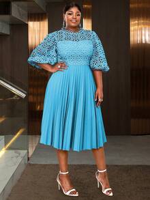 Váy xếp ly ren tay lửng khoét rỗng thanh lịch midi dự tiệc cưới, trang phục tốt nghiệp - Màu xanh lam - Xem 4