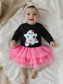 Toddler Baby Girl Halloween Outfit Ghost Embroidered Long Sleeve Sweatshirt Pullover Tops + Elastic Tulle Tutu Skirt 2pcs Infant Fall Winter Outfits Set - màu đen - Xem 2
