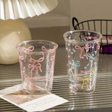 1/2pcs Ribbon Glass Cup, Pink Bowknot Iced Coffee Cup, 11oz Elegant & Cute Drinking Cup, Suitable For Women, Girlish And Sister Gathering