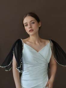 1对新娘礼服吊带披肩，5种颜色可选，短款珍珠雪纺肩部装饰，带安全别针，新娘婚礼肩部配饰 - 雙肩披肩 - 查看 19