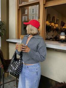 Nuevo cárdigan de solapa de unicolor simple Senya de estilo corto con doble cremallera y manga larga para mujer, estilo casual - Gris - Ver 4