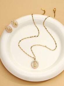 3pcs Copper Material Handmade Zirconia Inlaid Virgin Mary Earrings & Necklace Set, Christian Jewelry, Multi-Color Options, Suitable For Commuting & Daily Wear, Christmas Gift For Mother & Girlfriend - Golden Yellow + White - View 3