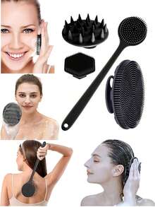 Bộ 4 bàn chải massage toàn thân bằng silicon - 1 bàn chải chà mặt, 1 bàn chải chà lưng cán dài, 1 bàn chải tắm ngắn, 1 bàn chải chải tóc da đầu, bàn chải làm sạch mặt và toàn thân cầm tay không dùng điện có tay cầm chống trượt, làm sạch và massage hiệu quả cho mọi bộ phận cơ thể - màu đen - Xem 1