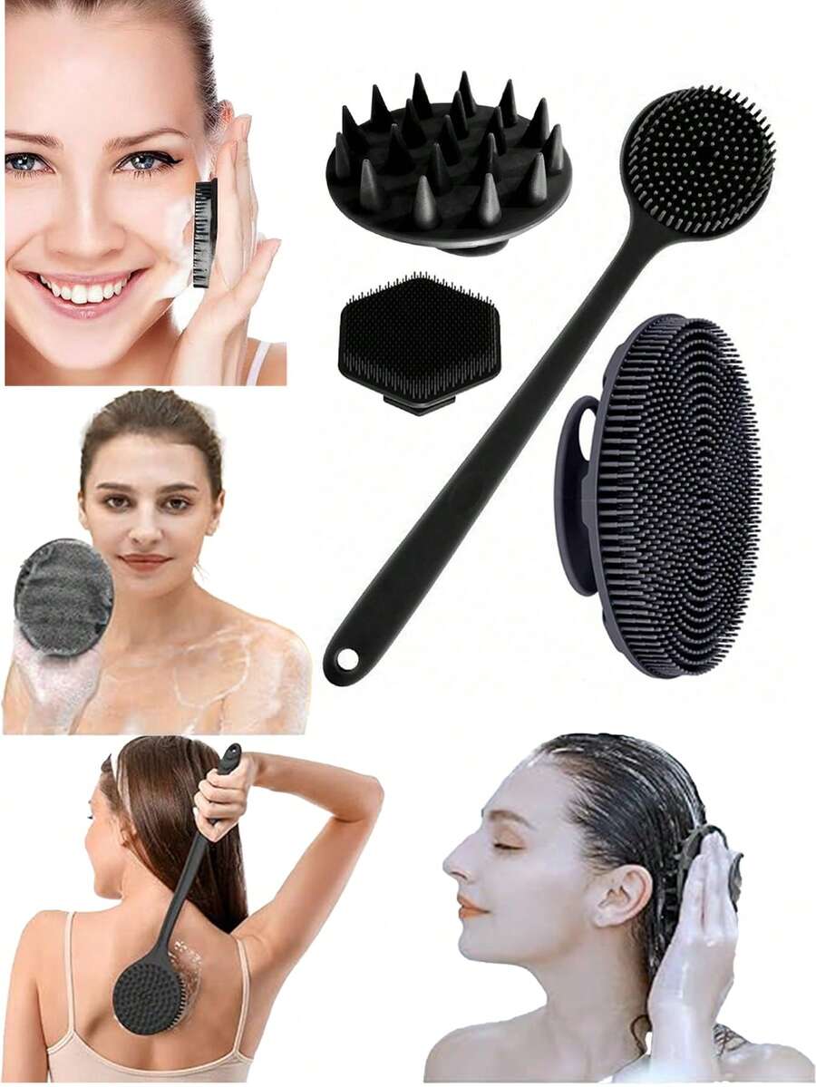 Bộ 4 bàn chải massage toàn thân bằng silicon - 1 bàn chải chà mặt, 1 bàn chải chà lưng cán dài, 1 bàn chải tắm ngắn, 1 bàn chải chải tóc da đầu, bàn chải làm sạch mặt và toàn thân cầm tay không dùng điện có tay cầm chống trượt, làm sạch và massage hiệu quả cho mọi bộ phận cơ thể - màu đen - Xem 1