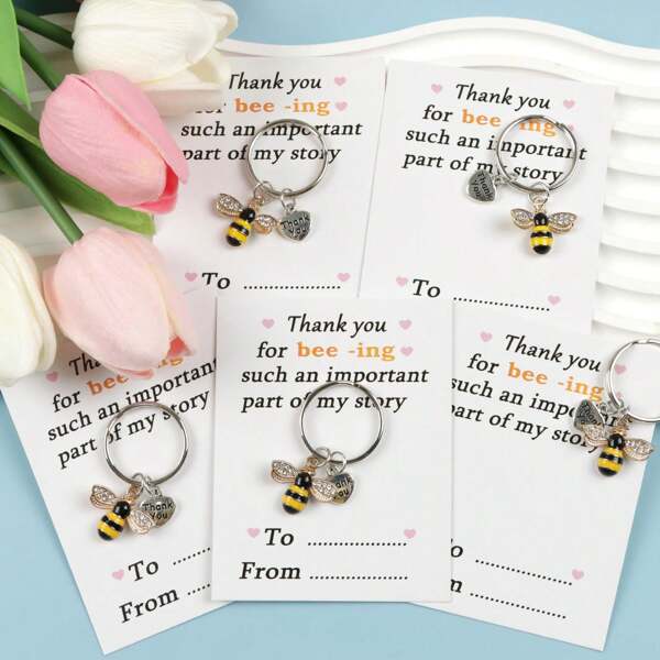 1PC/5PCS Cute Bee Keychains With Alloy Heart, Thank You Gift, Heartfelt Message Card - Metal Bee Charms & Paper Cards For Birthdays, Retirement Gifts, Back To School - Appreciation Tokens For Colleagues, Teachers, Family, Bee Gifts, Occasion Memento Car Accessories Goth Y2k