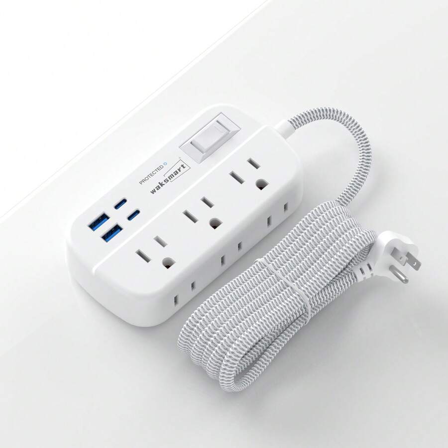 Waksmart Surge Protector Power Strip, Power Strip With USB C Ports, 6 AC Outlets And 4 USB Ports(2USB-C), 5FT Braided Extension Cord With Multiple Outlets For Home, Office, Living Room, Dorm Room 13A/1625W White - 查看 1