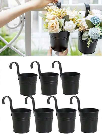 1/2/5 件悬挂式花盆金属铁桶花盆适用于栏杆栅栏阳台花园家居装饰花架带可拆卸挂钩，4 英寸