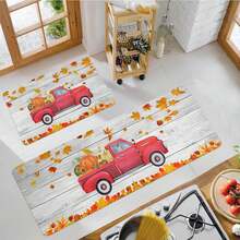1/2 piezas Alfombra de piso de otoño y Acción de Gracias, hojas de arce amarillas clásicas y alfombras de suelo de cocina con estampado de camión rojo rellenas con calabaza, perfectas para uso en interiores/exteriores, familia, cocina, comedor, decoración de atmósfera de Accións