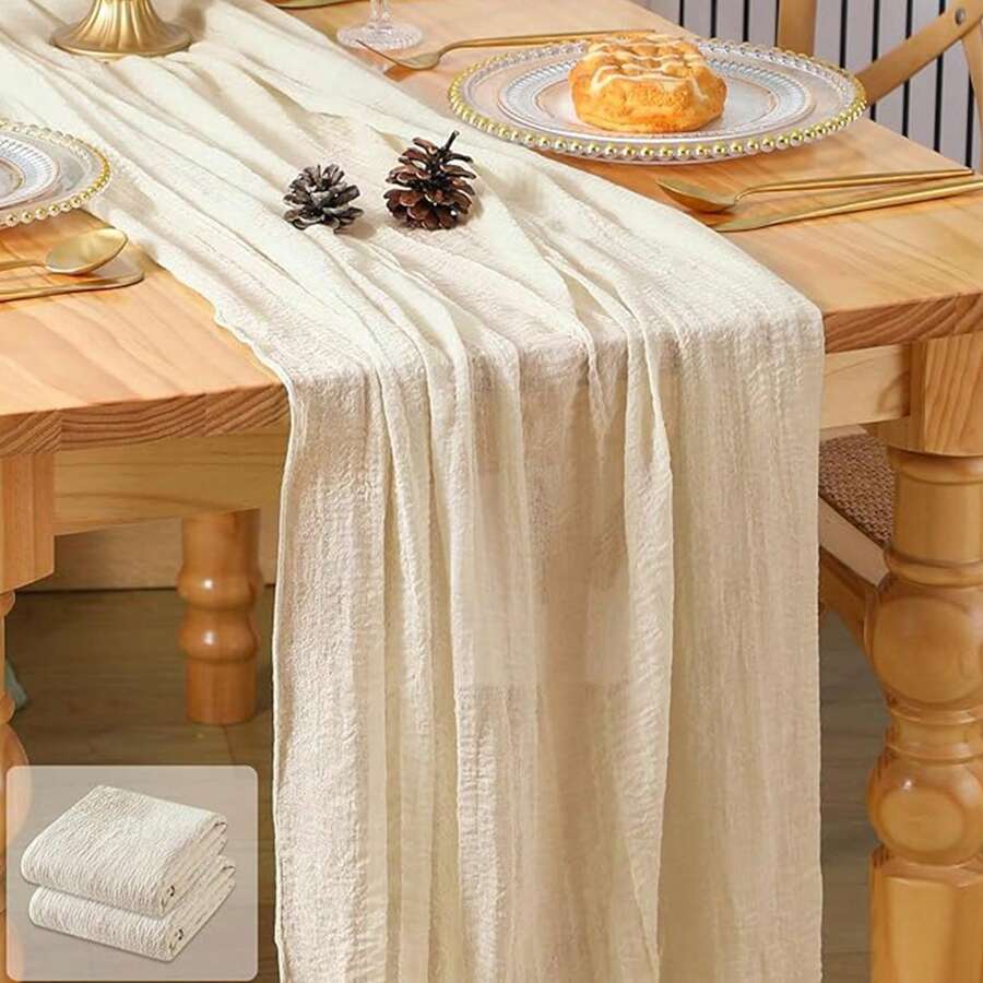 2 piezas Mantel de mesa de estilo bohemio en color marfil y crema de tela de queso, adecuado para baby shower, decoración de boda, fiesta festiva, mesa de comedor