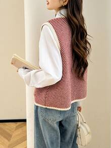 Alicedudu 女士秋冬优雅人字纹设计圆领开衫背心 - 紅白色 - 查看 5
