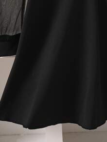 1pc Elegant Teenage Girls' Long Sleeve Polo Collar Color Block Mesh Puff Sleeve A-Line Dress, Black & White Contrast French Style Slim - Black - View 5