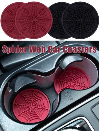 4 PIEZAS - Posavasos de coche con diseño de telaraña, accesorios divertidos de Halloween de silicona antideslizante para portavasos, accesorios góticos para el coche para hombres y mujeres