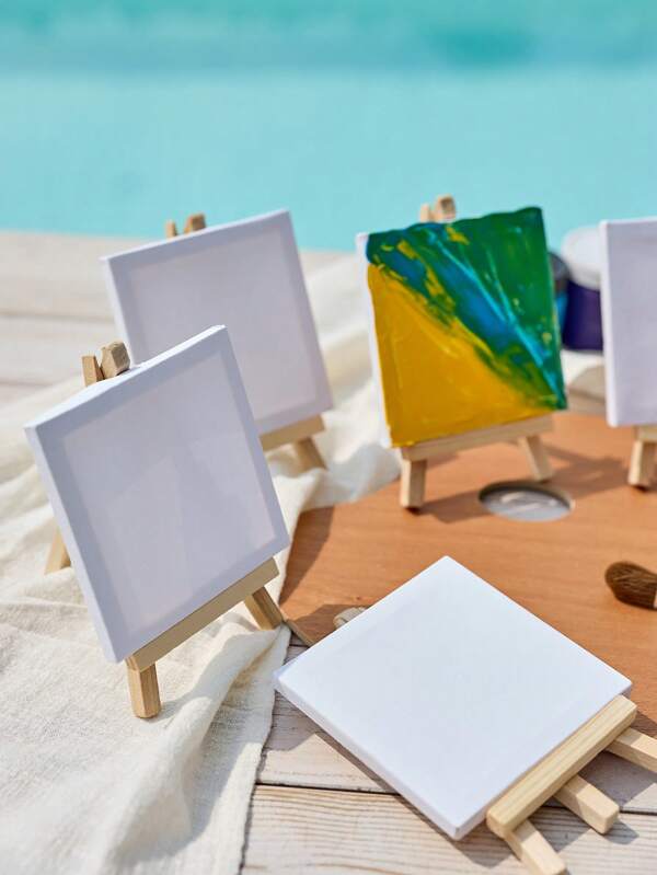 Cirelle 10 حزم مجموعة لوحات قماشية صغيرة وحوامل، ألواح قماشية صغيرة وحوامل خشبية صغيرة، حجم اللوحة 4 * 4 بوصة؛ حجم الحامل 3.1 * 5.9 بوصة للأطفال للرسم والتلوين بالزيت والرسم الحر، هدية عيد الميلاد، عودة إلى المدرسة، لوازم مدرسية