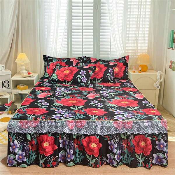 3 piezas Set de falda de cama con ribete de encaje minimalista, estampado clásico de flor oscuro, Set antideslizante para todas las estaciones (1 falda + 2 fundas de almohada, sin relleno), adecuado para todo tipo de estaciones, diseño de corbata anti-deslizantes, cubierta antipolvo