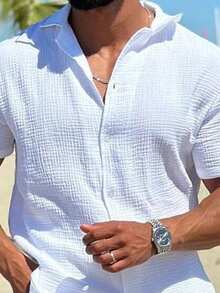 1 套男士休闲衬衫套装，纯色提花夏季 Polo 衫和休闲裤 - 白色 - 查看 3