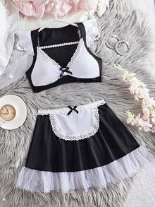 2件套新款性感女士内衣套装，蕾丝边蝴蝶结装饰三角杯文胸+网纱荷叶边裙连体围裙腰蕾丝拼接情趣短裙，黑白配色情趣制服套装 - 黑色 - 查看 1