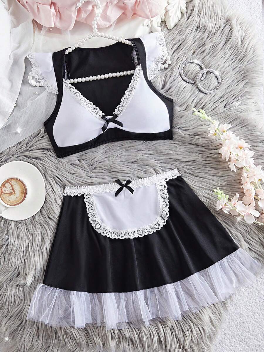 2件套新款性感女士内衣套装，蕾丝边蝴蝶结装饰三角杯文胸+网纱荷叶边裙连体围裙腰蕾丝拼接情趣短裙，黑白配色情趣制服套装 - 黑色 - 查看 1
