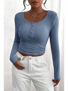 Women's 2025 Fall Long Sleeve Henley Shirts Button Ribbed Knit Casual Basic Tops Blouse - Xanh xám - Xem 3