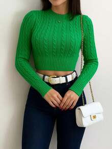 Sayuri Modal Knit Blouse Cropped Braid Long Sleeve Winter Knit - 旗幟綠色 - 查看 2
