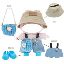 Fischerhut und Latzhose Set, für LABUBU, kombiniert mit gestrickter Perlen Handtasche und Schuhen, modische Accessoires und Zubehör (ohne Plüschpuppe, nur Kleidung und Accessoires)
