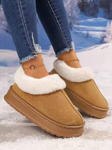 女士冬季拖鞋、厚底雪地靴、加厚平底靴、保暖鞋、户外防滑靴、Uggs 仿品、女士冬靴、女士冬季毛茸茸雪地靴毛茸茸圆头绒面短靴平跟一脚蹬户外室内鞋时尚保暖毛茸茸鞋， - 卡其色 - 查看 8