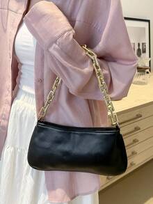 Black Shiny Patent Leather Chain Underarm Bag - Black - View 4