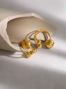 1 pièce Bague en acier inoxydable de mode avec perles sphériques dorées, bague en titane géométrique personnalisée exagérée, accessoires de bijoux dorés pour le carnaval, à porter au quotidien