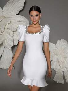 泡泡袖绷带连衣裙女式，手工串珠链性感修身露背高领鸡尾酒会晚礼服 - 白色 - 查看 2