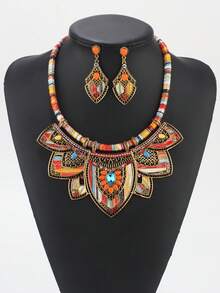 Bohemian Necklace Set With Random Patterned Necklace & Earrings, Women Fashion Jewelry Set - Red - View 9