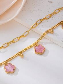 1pc Summer Vacation Elegant Pink Metal Flower & Clover Pendant Multi-Layer Anklet, Suitable For Holidays, Parties, Dates, Gifts, Daily Wear