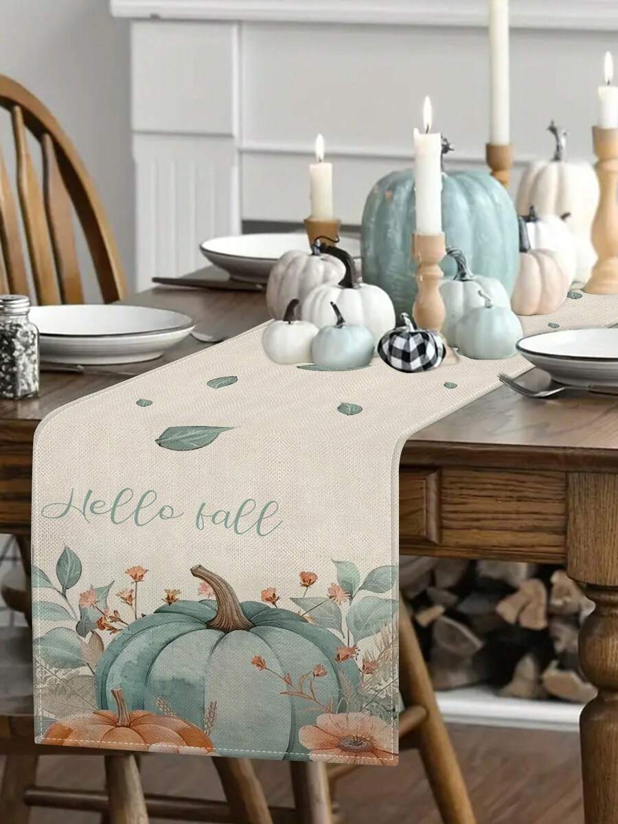 1 pieza/10 piezas Corredor de mesa con patrón de calabaza de otoño, Corredero de tabla de Acción de Gracias, Decoración del festival de la cosecha, decoración estacional del hogar, estilo granja, material de lino falso, 33*91CM183CM 274CM, 3 opciones de tamaño, Suministros para fiestas interiores y exteriores, Decoración con tema de Calabaza, Adecuado para decoración del salón de cocina y decoración de fiestas
