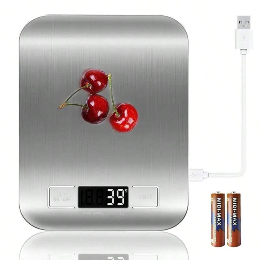 Báscula de cocina digital recargable por USB, báscula de cocina de precisión de 10 kg/1 g, báscula de cocina digital de acero inoxidable - Plateado - Ver 1