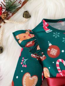 Baby Girls Christmas Ruffle Snowman Snowflake Socks Print Mesh Patchwork Dress With Belt - Burgundy - View 5